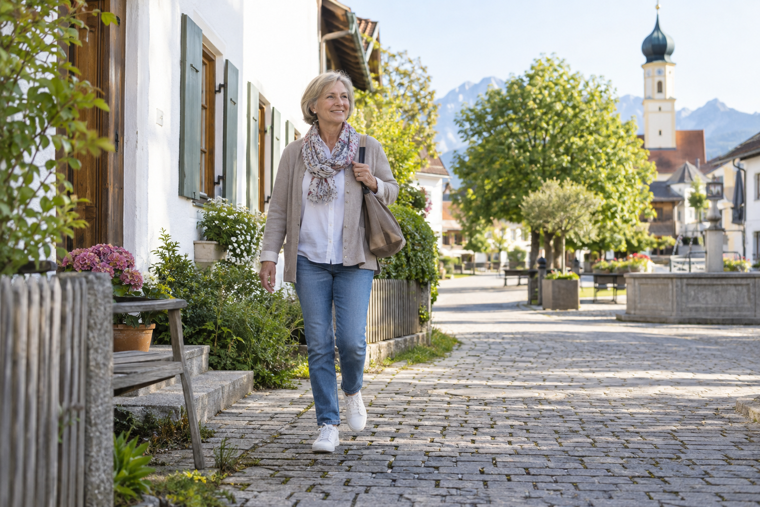 Frau vor ihrem Wohnhaus mit Blick auf einen gut erreichbaren bayerischen Ortskern